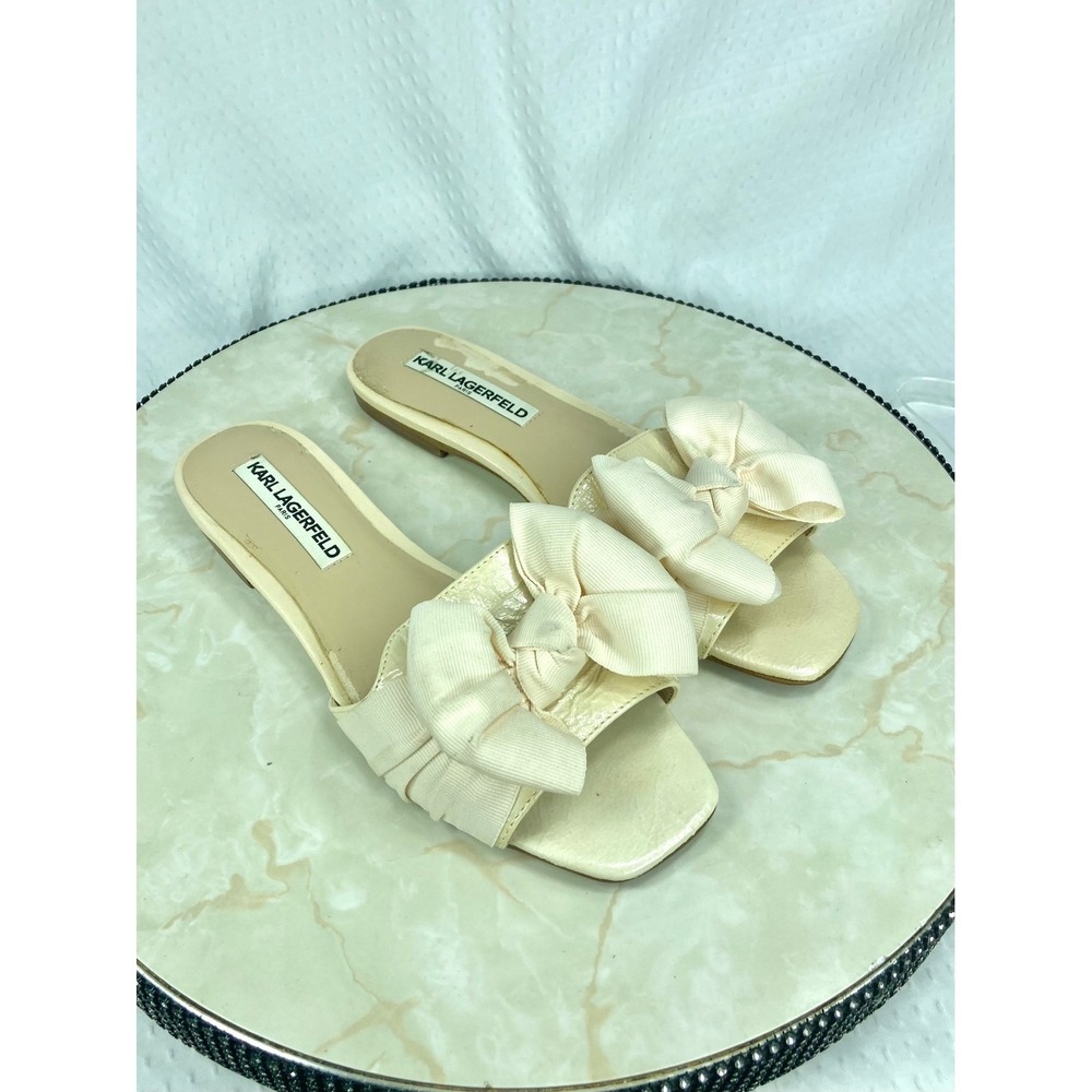 Karl Lagerfeld Rosie Bow Slide Sandals Womens 8 Cream Leather Summer Coquette